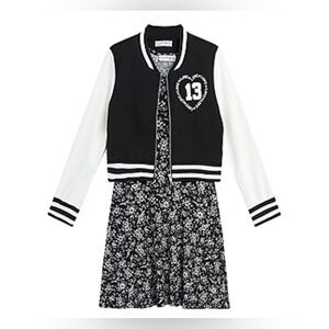 Knit Works Girls Black & White Floral Midi Dress & Varsity Jacket Set XS